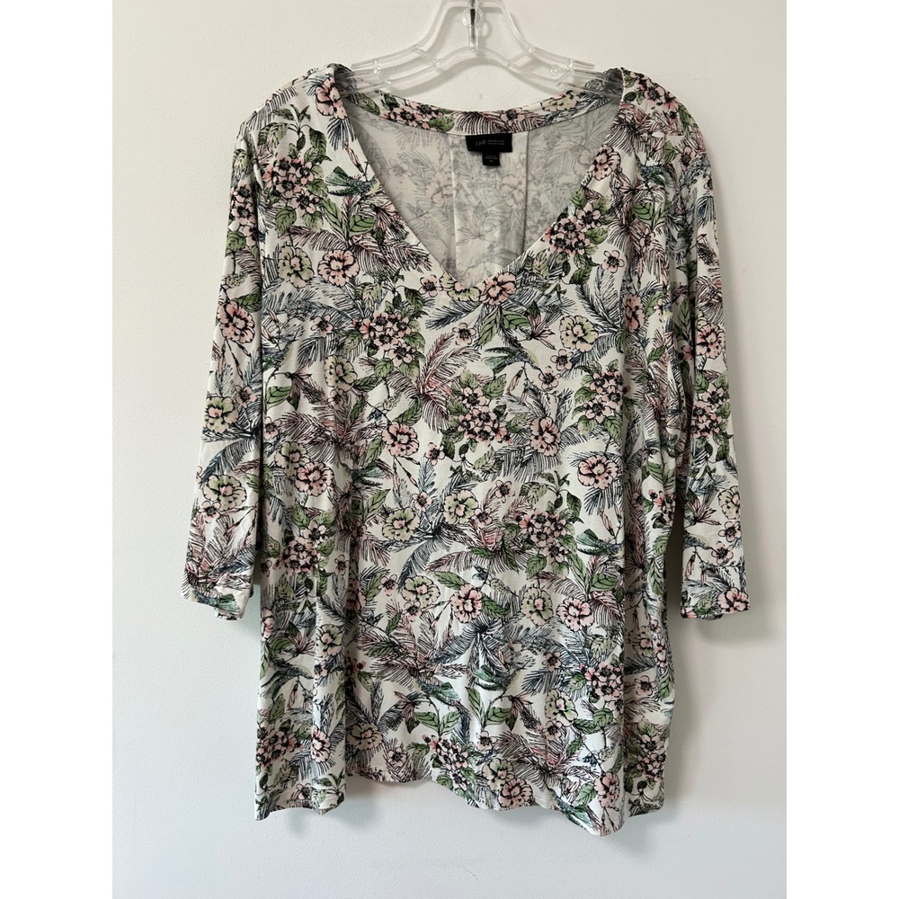 J. Jill Wearever Floral Palm Tropical V-Neck 3/4 Sleeve Top XL Pink Green